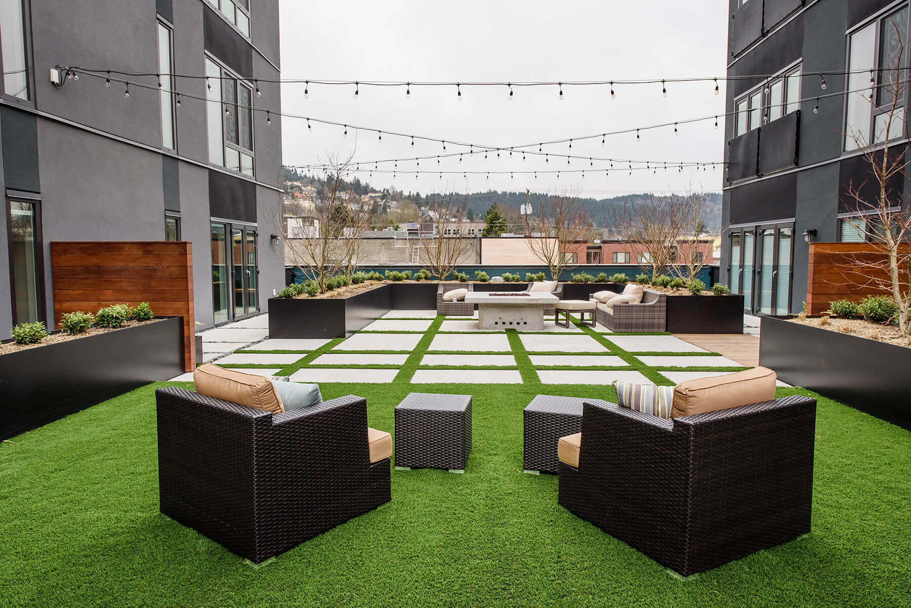 The courtyard fire lounge at the Q21 Apartments in Portland, Oregon.